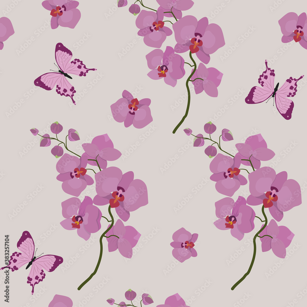 Seamless vector illustration with delicate pink orchids. Seamless vector illustration with delicate pink orchids.