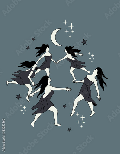 A group of young witches dancing under the moonlight. Witchcraft vector illustration.