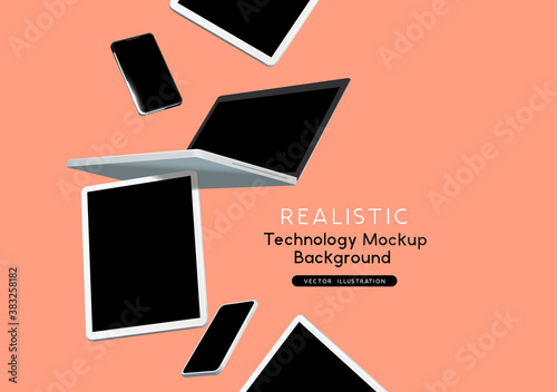 Modern technology mockup with falling communication devices including a laptop, tablet and mobile smartphones. Realistic tech vector illustration. photo