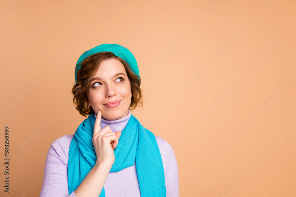 Close-up portrait of her she nice attractive lovely winsome pretty dreamy cheerful cheery girl thinking creating new strategy copy space isolated over beige pastel color background Close-up portrait of her she nice attractive lovely winsome pretty dreamy cheerful cheery girl thinking creating new strategy copy space isolated over beige pastel color background