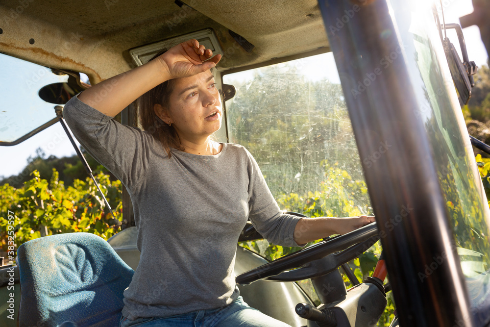 Portrait of young woman siting in tractor at farm and smiling
