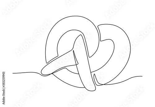 One continuous line drawing of pretzel for logo. Hand drawn line art doodle german street food salty snack bread, simple black sketch  bakery concept. Vector illustration