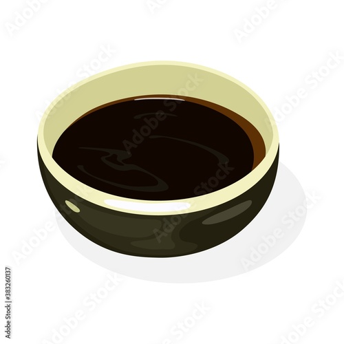 Soy sauce is in black boil. Liquid condiment of Chinese origin, traditionally made from fermented paste of soybeans, roasted grain, brine, added for flavor in cooking. Vector isolated on white.