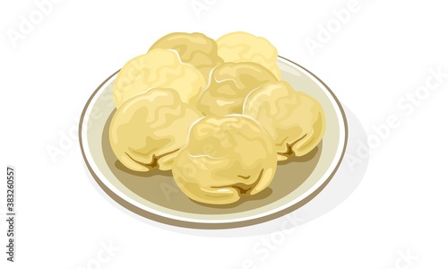 Steamed, boiled, pan-fried, or deep-fried mandu or dumplings are on plate. Korean cuisine dish with meat, cheese, fish or vegetable fillings. Vector illustration isolated on white for menu, recipe.