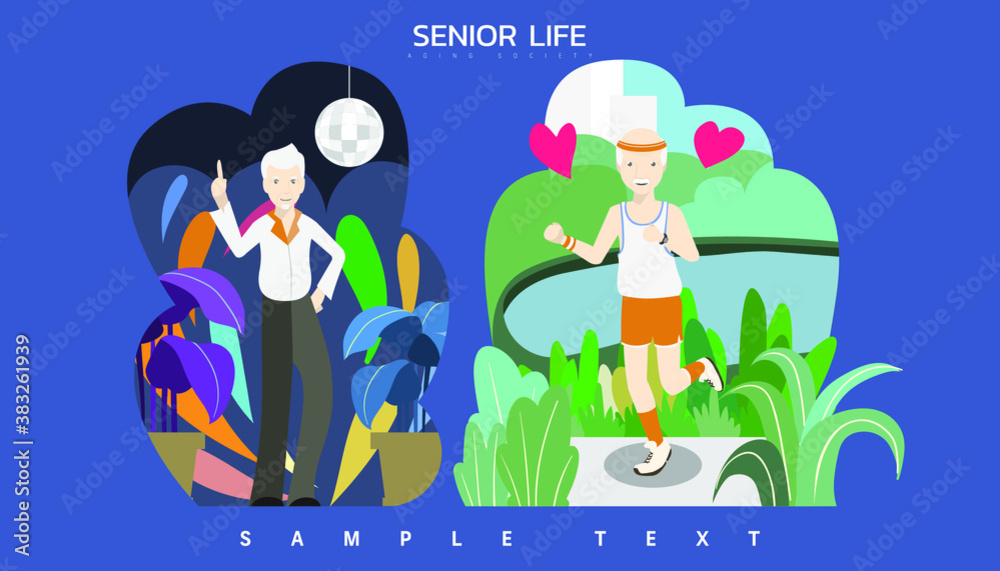 Fototapeta premium Vector illustration - Strong elderly old man as dancer in the club and sporty guy workout at park by jogging and running.