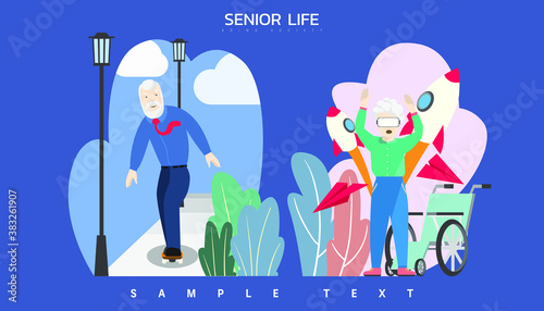 Vector illustration - Eldery people. Man in formal business riding skateboard at park. Old woman wearing VR googles enjoy technology at home.
