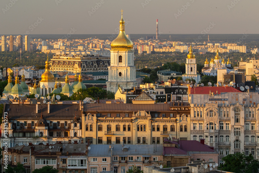 Saint Sophia Cathedral, Kiev. In the foreground - the old town, in the background - Troyeshchina and CHPP-6. Aerial shot