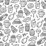 Vector Fast Food Outline Icons Seamless Pattern. Doodle Unhealthy Street Food Black and White Background