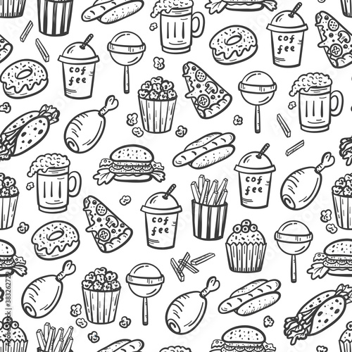 Vector Fast Food Outline Icons Seamless Pattern. Doodle Unhealthy Street Food Black and White Background