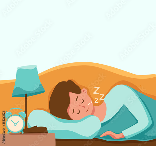 Boy kid sleep in bed at night vector illustration. Child in pajama having a sweet dream in bedroom