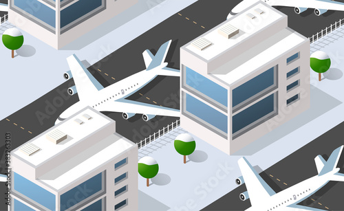 Seamless pattern Isometric 3D city airport with transport