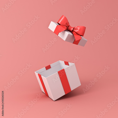 Blank open white gift box or present box with red ribbon bow isolated on light red pink orange pastel color background with shadow 3D rendering