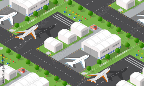 Seamless pattern Isometric 3D city airport with transport