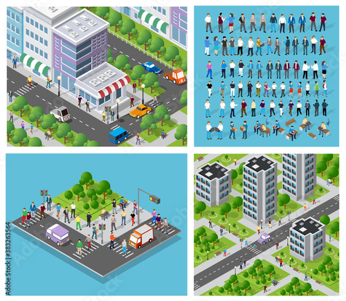 Isometric set of 3D city three-dimensional summer city quarter