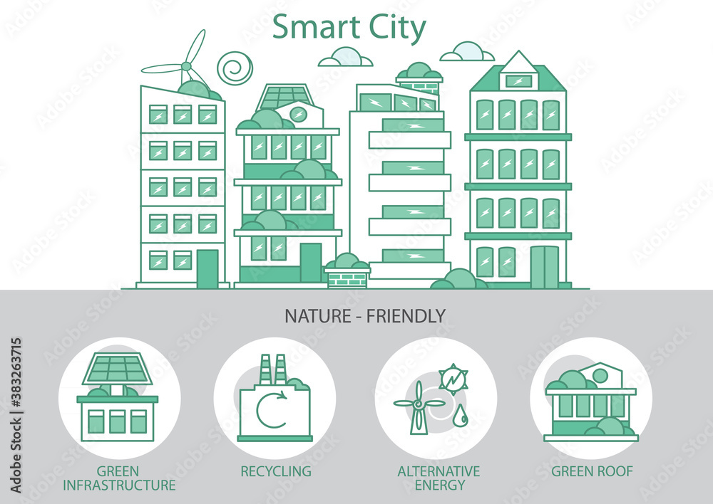One page web design template with thin line icons of green city eco technology