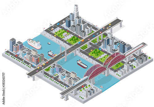 Isometric 3D illustration City with river embankment with