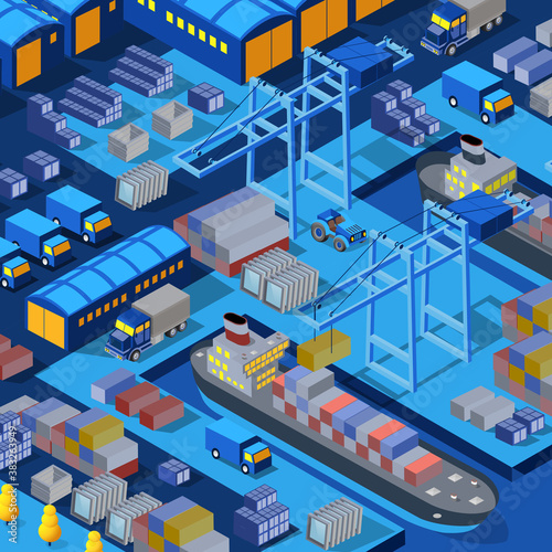 Isometric 3D illustration City with river embankment with