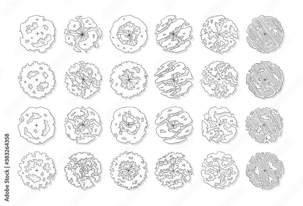 hand drawn vector set of top view tree isolated on white background.