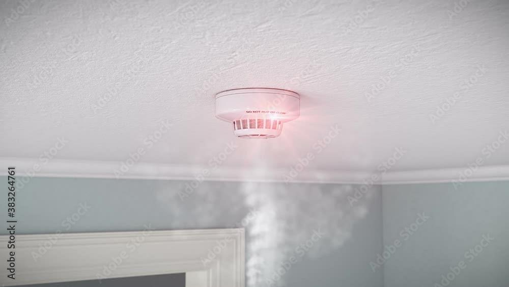 video animation of a smoke detector mounted on the ceiling of an apartment - Detects smoke and triggers alarm