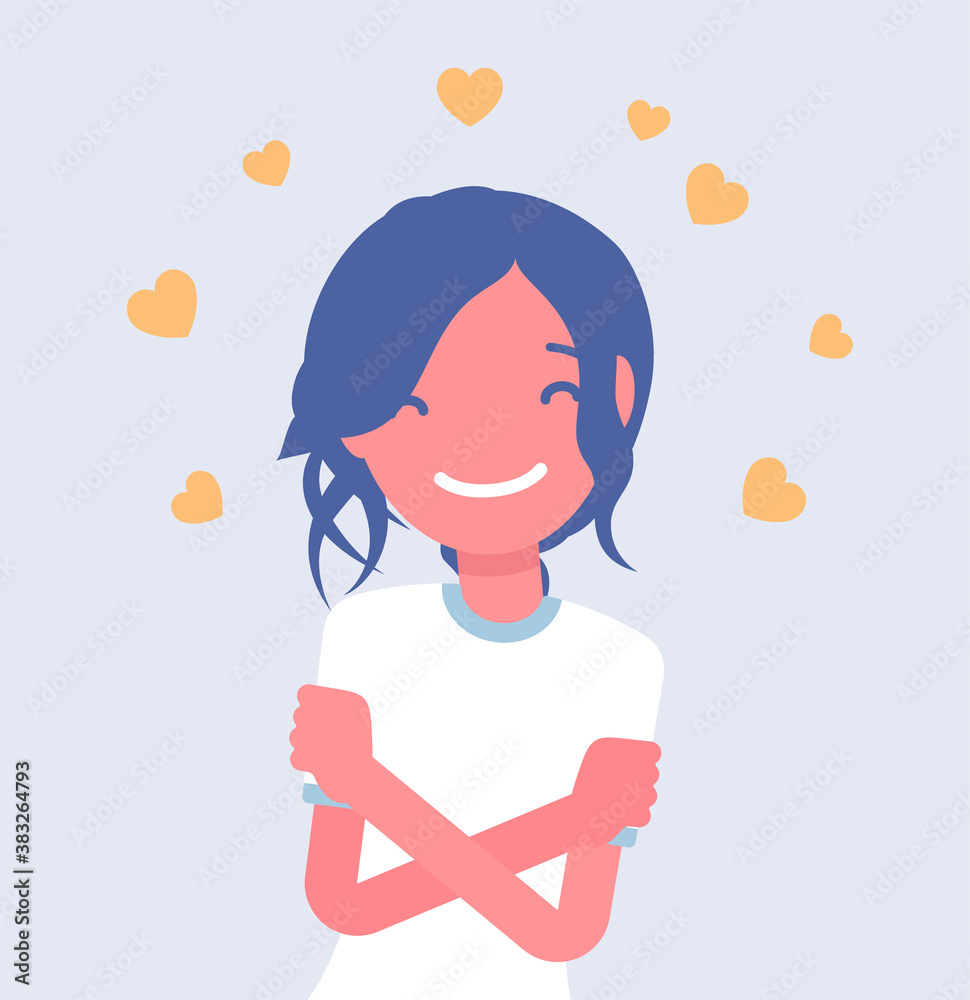 Love yourself, woman in peace, comfort with herself. Young girl in positive thinking, feeling healthy, active person stops negative self talk to reduce stress. Vector creative stylized illustration Love yourself, woman in peace, comfort with herself. Young girl in positive thinking, feeling healthy, active person stops negative self talk to reduce stress. Vector creative stylized illustration
