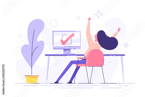 Happy woman completed task and triumphing with raised hands on the his workplace.  Successful well done work. Completed task. modern vector illustration. photo