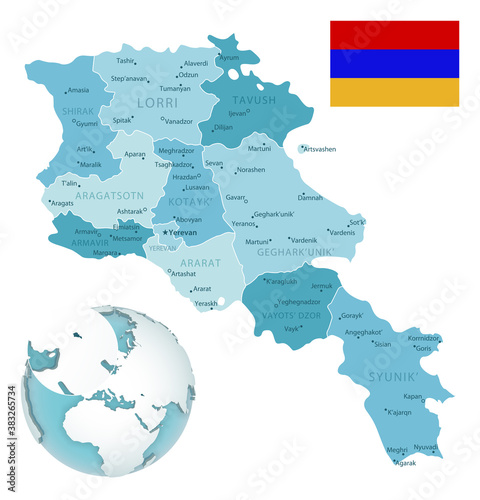 Armenia administrative blue-green map with country flag and location on a globe. Vector illustration