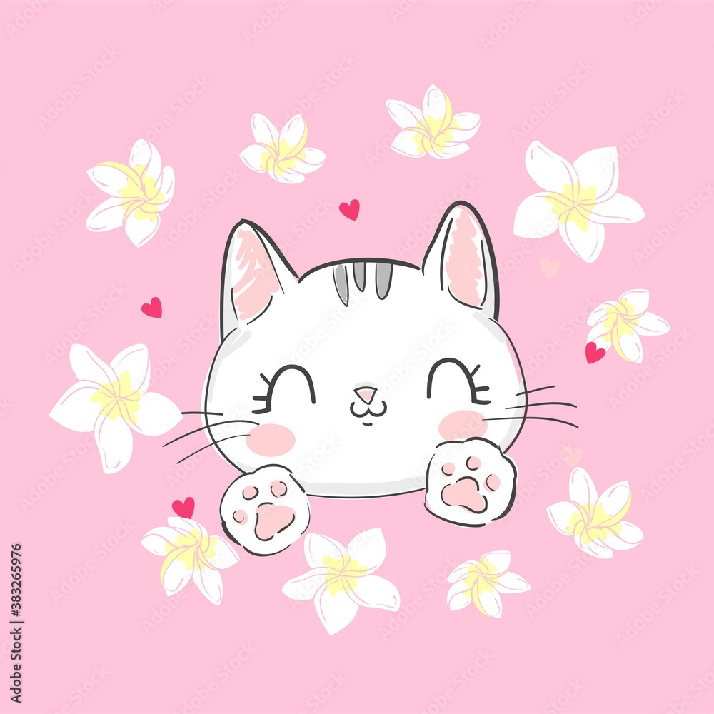 Hand drawn cute cat and flowers pink background vector illustration Hand drawn cute cat and flowers pink background vector illustration