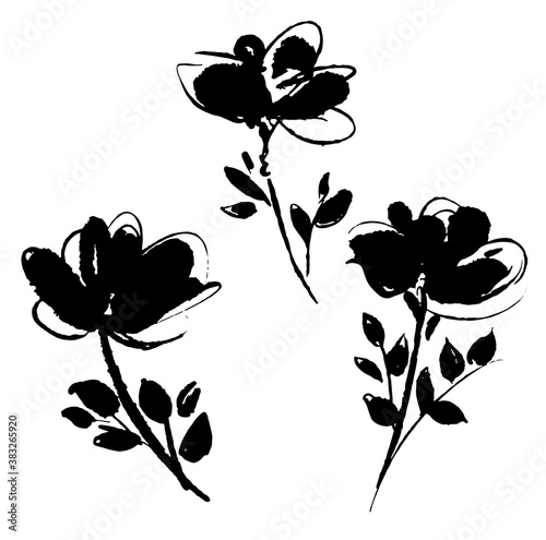 Hand Drawn Flower isolated white background design elements ink Vector illustration