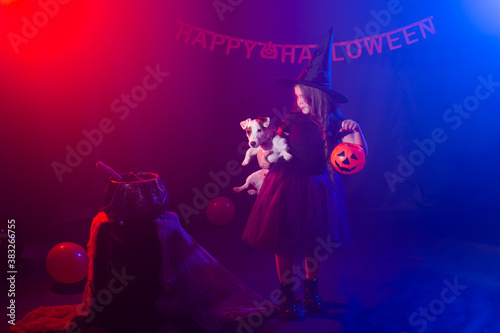 Funny child girl in witch costume for Halloween with pumpkin Jack and dog. © satura_