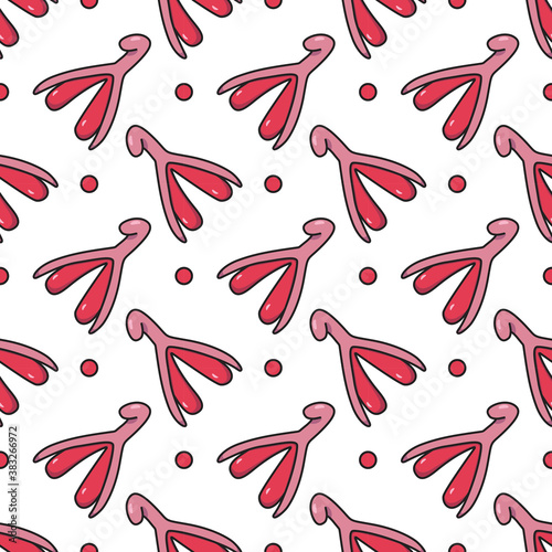 Vector graphics of seamless pattern art illustration of female reproductive system of clitoris and orgasm.Isolated on a white background.Feminism and female genital health theme.Freehand drawing color