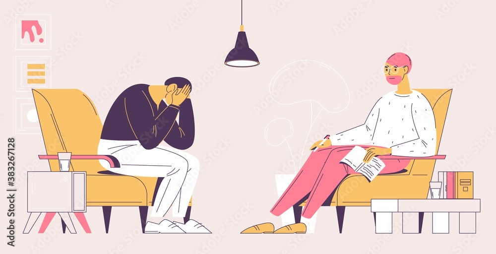 Depressed man during psychotherapist consultation. Smiling doctor, minimalistic interior. Outline illustration about people at psychotherapy
