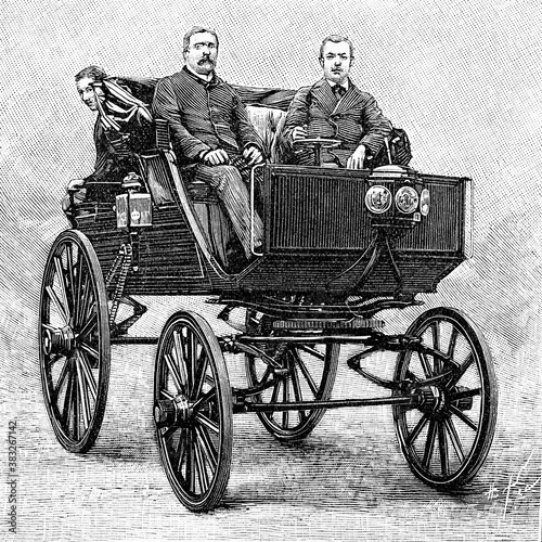 Electric car by French Paul Pouchain. 1893. Antique illustration. 1894.