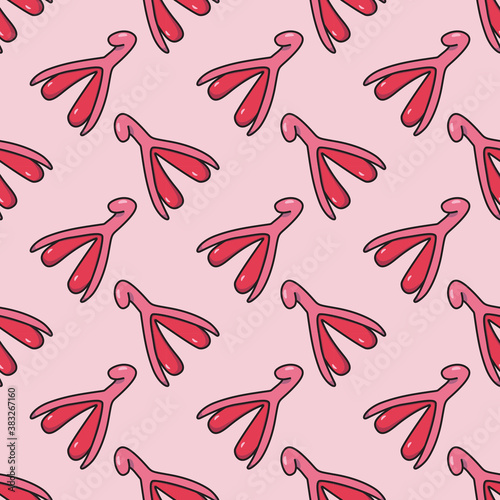 Vector graphics of seamless pattern art illustration of female reproductive system of clitoris and orgasm. On pink background. Feminism and female genital health theme. Freehand drawing color.