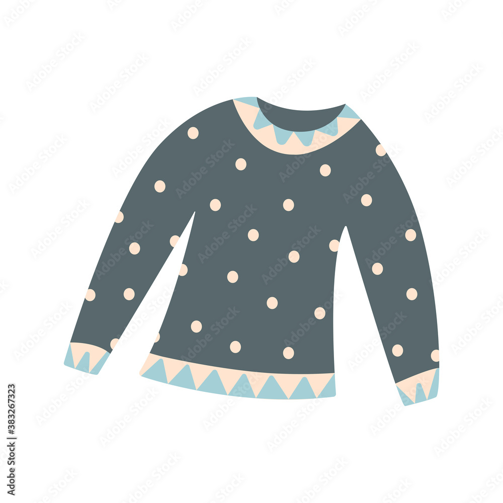Warm cozy blue sweater with polka dots. Flat vector isolated. Winter and autumn jumper. Clipart single