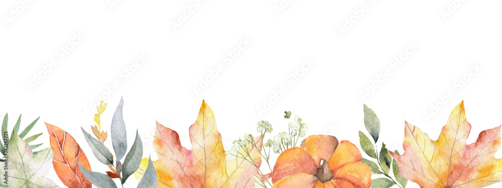 Autumn season party festival invite poster banner watercolor style card design border frame: colorful orange yellow orange red fall leaves forest maple oak tree berries. - obrazy, fototapety, plakaty 