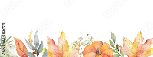 Autumn season party festival invite poster banner watercolor style card design border frame: colorful orange yellow orange red fall leaves forest maple oak tree berries.