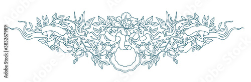 Floral  border with flying swallows and blooming flowers. Wedding invitation, blossom branch, garden, borders and frames