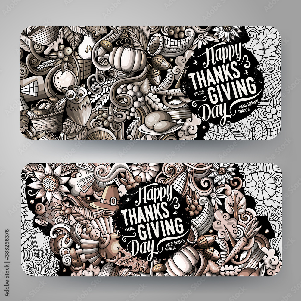 Cartoon cute vector hand drawn doodles Thanksgiving banners