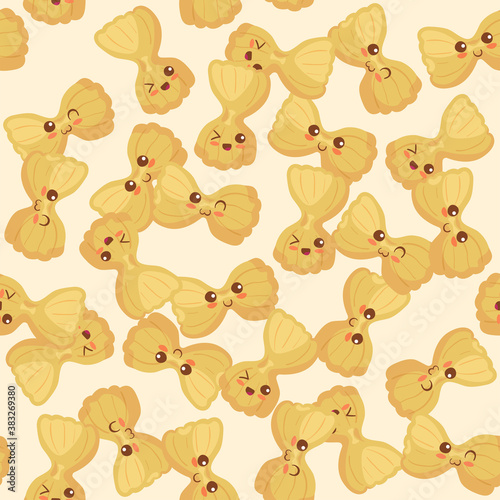 Funny Kawaii Italian Pasta seamless vector pattern. Healthy food repeating yellow background illustration. Smiling & happy cute food characters. Children menu, textile print, card, food hall design. © Sergey Pekar