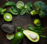 Healthy eating concept with avocado, chia seeds and spinach leaves, broccoli