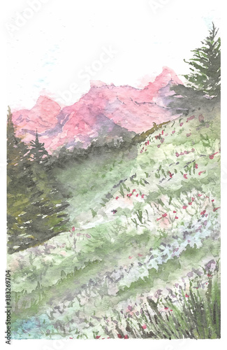 landscape beautiful hills with month watercolor background