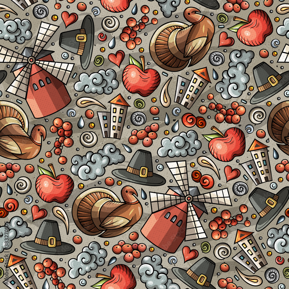 Naklejka premium Cartoon cute hand drawn Thanksgiving seamless pattern.