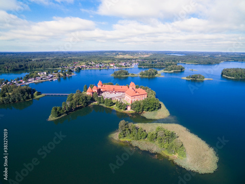 Aerial view of beautiful Gothic style red brick castle on an island on Galve Lake, Trakai, Lithuania