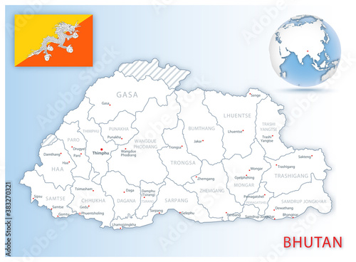 Detailed Bhutan administrative map with country flag and location on a blue globe. Vector illustration