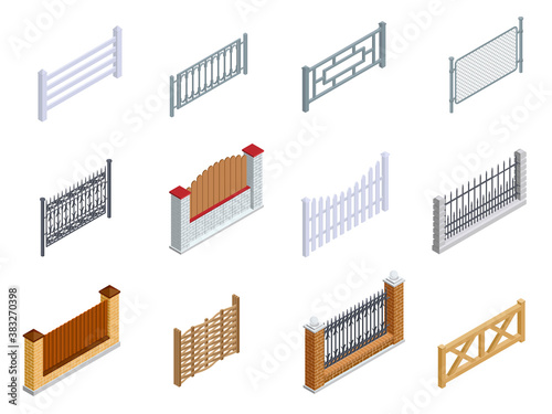 Fence metal, brick, wooden isometric icons set. Palisade, paling, hedge, railing, enclosure, windbreak.