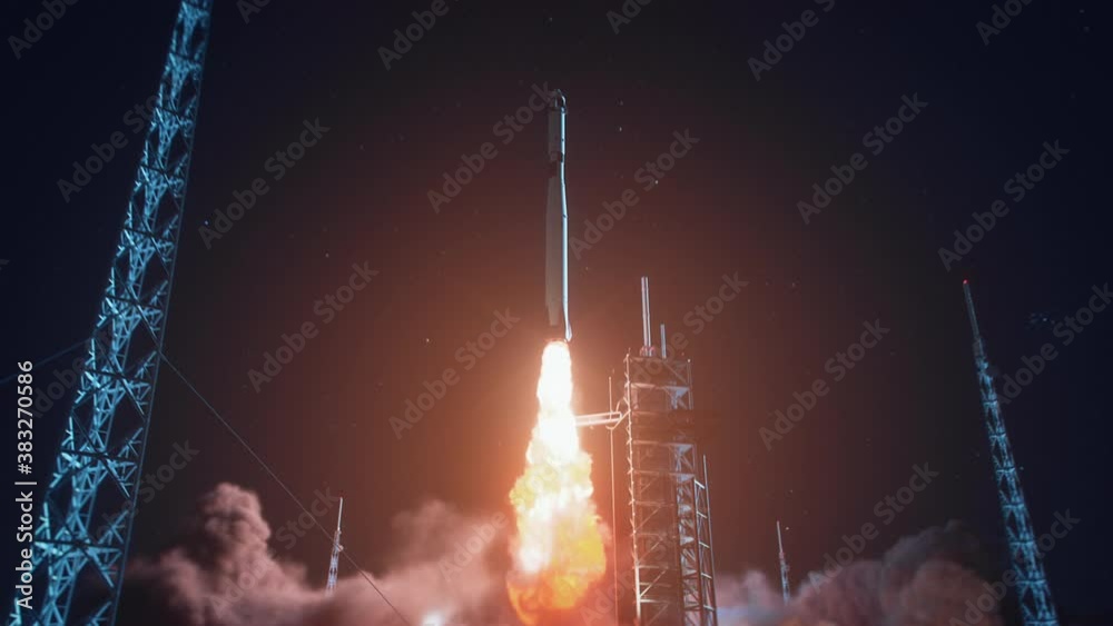Launch Pad Complex at Night: Successful Rocket Launching with Crew on a Space Exploration Mission. Flying Spaceship Blasts Flames and Smoke on a Take-off. Humanity in Space, Conquering Universe