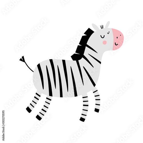 Cute zebra. Zebra flat hand drawn poster. Cartoon character for kids and babies fashion. Vector children's illustration. Funny zoo print.