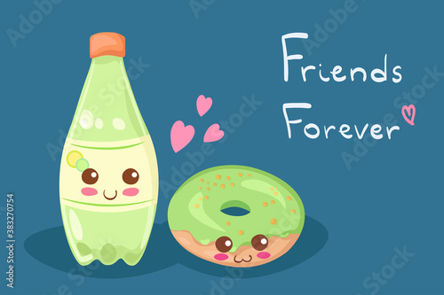 Kawaii Citrus soda & glazed sweet donut. Cute cartoon vector drink illustration isolated on white background. Funny fast-food dessert mascot. Cute children illustration. Friends forever concept.