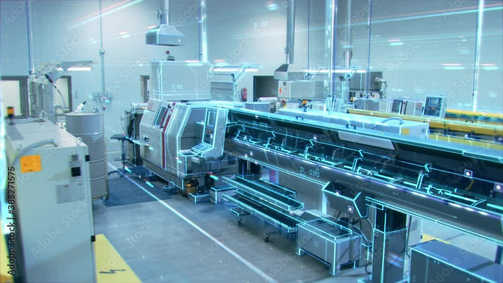Futuristic Animation: Factory Digitalization with Information Lines Moving Through the High-Tech Modern Electronics Facility. CNC Automatic Machinery Manufacturing Products Using IoT Industry 4.0