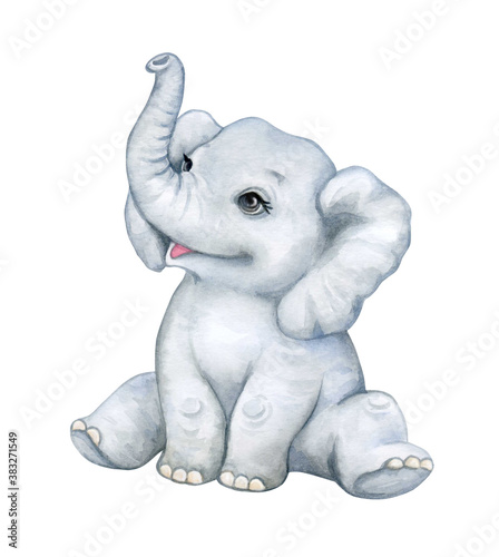 Baby elephant isolated on white background. African animals. Safari. Illustration. Template. Hand drawn. Greeting card design. Clip art.